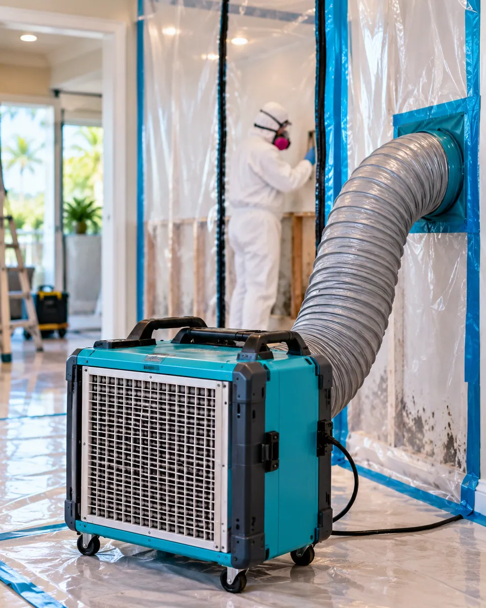 HEPA air scrubber and poly containment set up for mold remediation in Wellington
